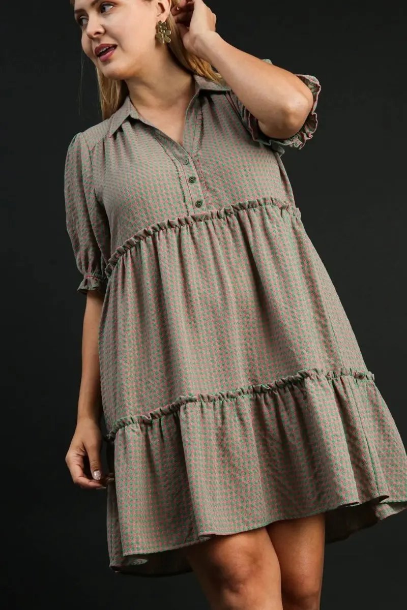 Umgee Full Size Plaid Frill Button Detail Ruffled Dress - Love Salve